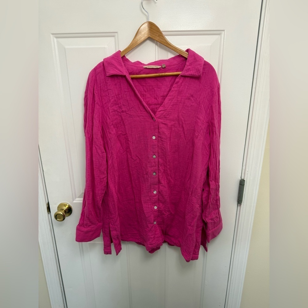 Soft Surroundings 100% Cotton Gauze Button Up Long Sleeve Shirt Women Sz L Pink
